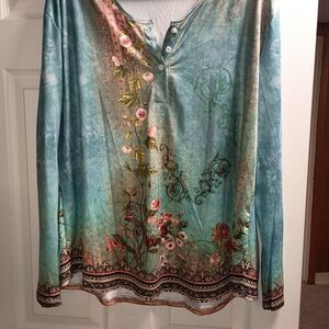 SHEIN Teal and Pink Floral Long Sleeve Top